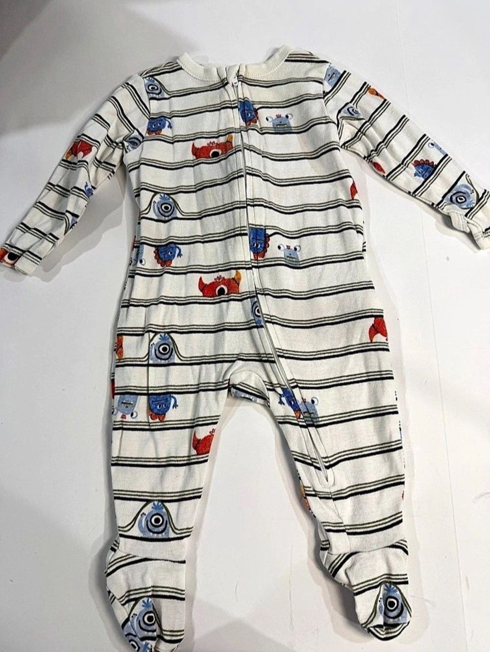 Old Navy Striped Monster Footed Sleeper White & Blue Baby 6-9M